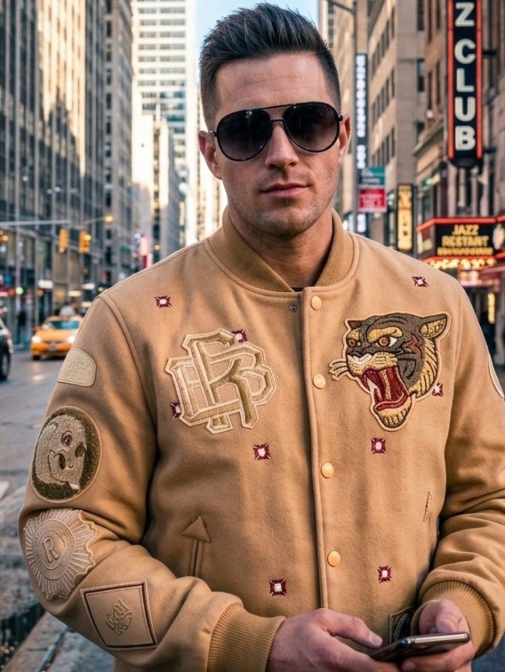 EUC Reason Tan Embroidered Varsity Jacket with Tiger Patch